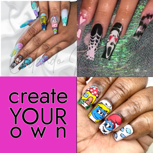 Custom portrait press on nails
Press on nails: custom made
Custom character nails
Art press on nails
Hand painted nails
Handpainted press on nails
Custom nail artists
How much do custom press on nails cost
acrylics 
editorial nails
orlando nail tech
orlando nail artist
portrait artist